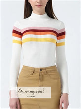 Women High Neck Stripe Ribbed Knit top Rainbow Striped Jumper BASIC SUN-IMPERIAL United States