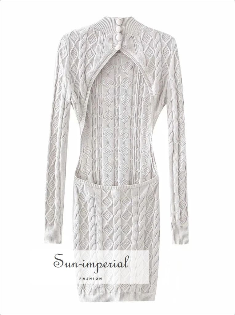 Sun-imperial - women high neck White Cable knit cut out waist backless sweater bodycon long sleeve Ivory / M