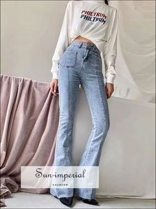 Women High-rise Waist Buttons Flare Jeans Elastic BASIC, flare jean SUN-IMPERIAL United States