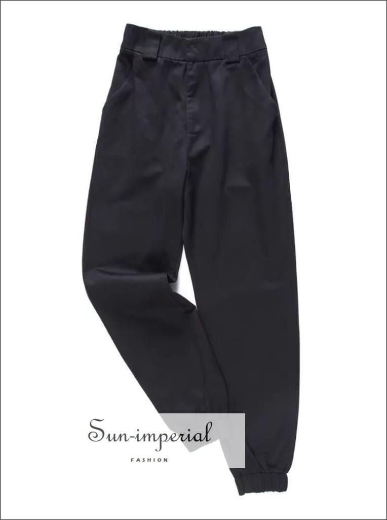 Women High Waist Cotton Trousers with Stretch Cuffs Casual Harem Pants