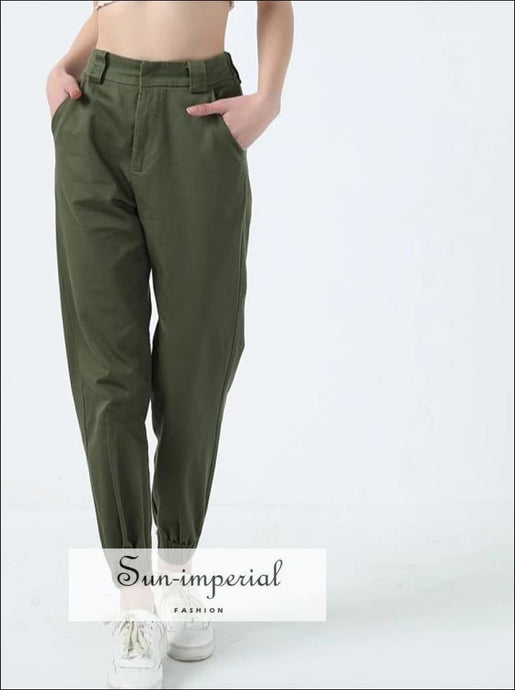 Women High Waist Cotton Trousers with Stretch Cuffs Casual Harem Pants