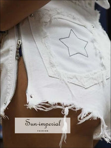 Women High Waist Embroidery Star White Jeans Shorts
