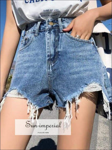 Women High Waist Ripped Blue and Black Denim Shorts with Pockets
