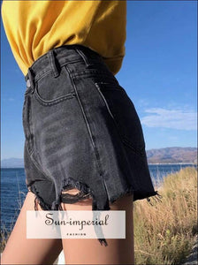 Women High Waist Ripped Blue and Black Denim Shorts with Pockets