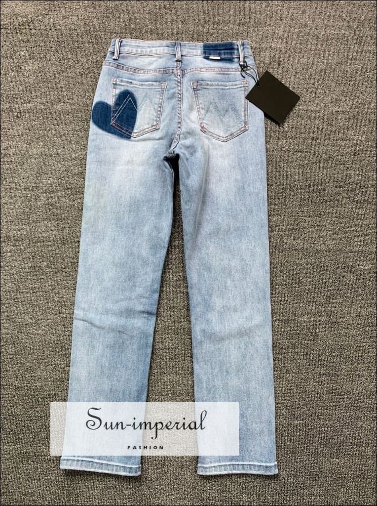 Women High Waist Straight Leg Boyfriend Denim with Heart Print back Pocket detail vintage style SUN-IMPERIAL United States