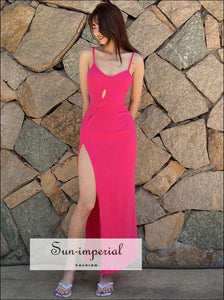Women Hot Pink Cut out Ribbed Sleeveless Tie back Maxi Dress with High side Split detail chick sexy style, harajuku PUNK STYLE, dress, 