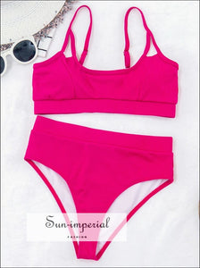 Women Hot Pink Ribbed High Waist Tank Bikini Set Sporty Two-piece Swimsuit Swimsuit, red SUN-IMPERIAL United States