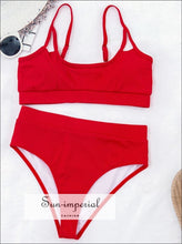 Women Hot Pink Ribbed High Waist Tank Bikini Set Sporty Two-piece Swimsuit Swimsuit, red SUN-IMPERIAL United States