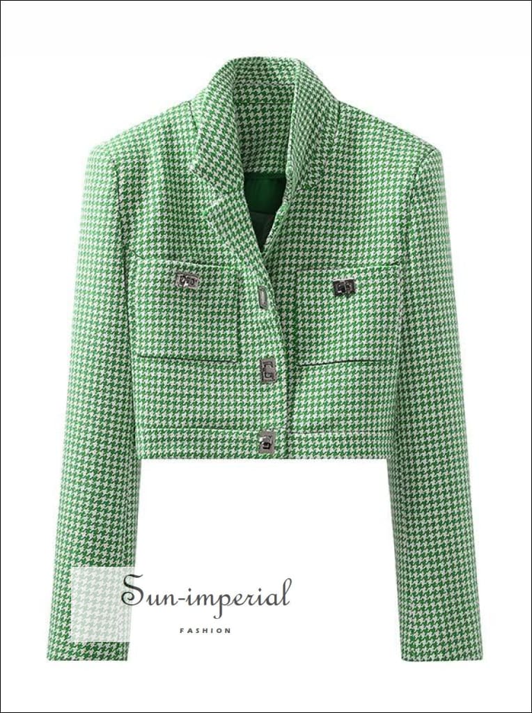 Women Houndstooth Green and White Cropped Suit Blazer casual style, chick sexy harajuku Preppy Style Clothes, PUNK STYLE SUN-IMPERIAL United