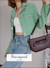 Women Houndstooth Green and White Cropped Suit Blazer casual style, chick sexy harajuku Preppy Style Clothes, PUNK STYLE SUN-IMPERIAL United