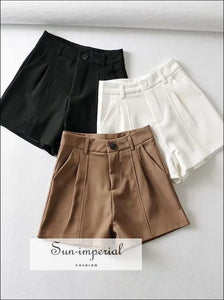 Women Khaki Brown High Waist Tailored Shorts A-line Fit Basic style, casual elegant harajuku Preppy Style Clothes SUN-IMPERIAL United States