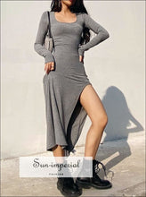 Women Khaki Casual Square Scoop Neck Long Sleeved Midi Dress with High Cut side Split Basic style, casual dress, chick sexy With Side 