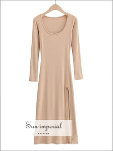 Women Khaki Casual Square Scoop Neck Long Sleeved Midi Dress with High Cut side Split Basic style, casual dress, chick sexy With Side 