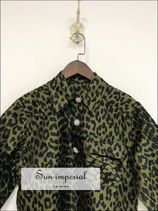 Women Khaki Short Sleeve Loose A-line Leopard Pleated Mini Dress with Rhinestone Button & Turn-down SUN-IMPERIAL United States
