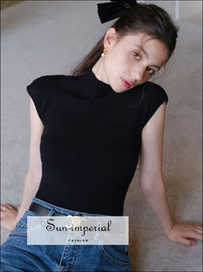 Sun- Imperial Women Knitted High Neck Top With Button-back Fastening Basic style, casual harajuku Preppy Style Clothes, PUNK STYLE