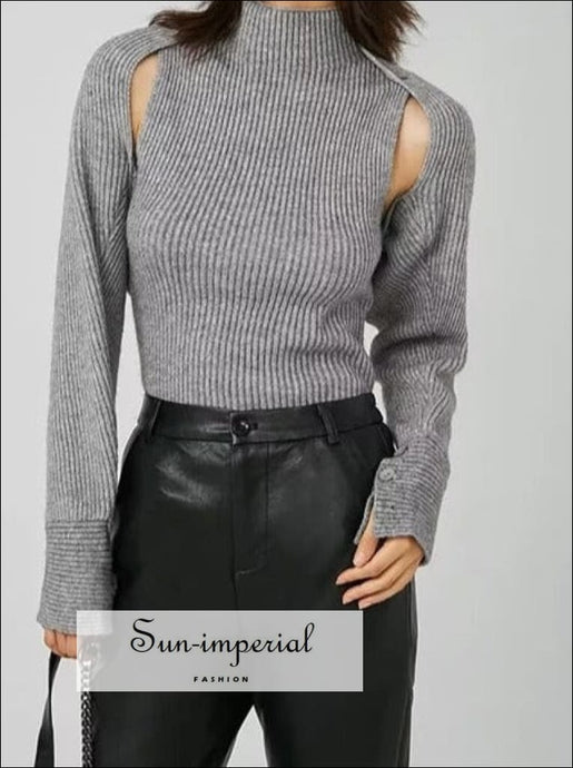 Women Knitted Long Batwing Sleeve And Turtleneck Knit Tank Button Link Co-ord Set 2 In 1 Top High Neck Shrug Sun-Imperial United States