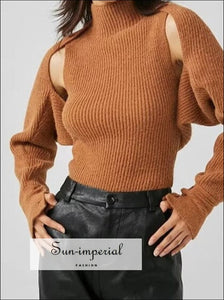 Women Knitted Long Batwing Sleeve And Turtleneck Knit Tank Button Link Co-ord Set 2 In 1 Top High Neck Shrug Sun-Imperial United States