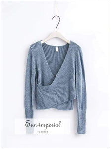 Women Knitted Wrap Long Sleeve the Shoulder Crisscross front Warp Sweater