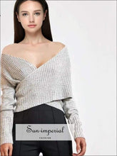 Women Knitted Wrap Long Sleeve the Shoulder Crisscross front Warp Sweater