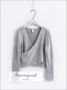 Women Knitted Wrap Long Sleeve the Shoulder Crisscross front Warp Sweater