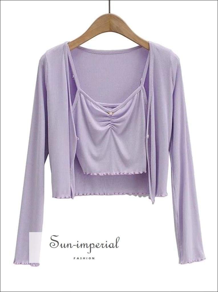 Women Lavender Ribbed One Button front Cardigan and Ruched Cami Tank top Set with Flower Decor Basic style, bohemian boho cardigan cami set,