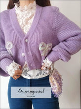 Women Lavender V Neck Fluffy Cropped Cardigan with Sequin Butterfly Details chick sexy style, vintage style SUN-IMPERIAL United States