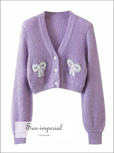 Women Lavender V Neck Fluffy Cropped Cardigan with Sequin Butterfly Details chick sexy style, vintage style SUN-IMPERIAL United States