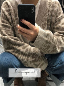 Women Leopard Cardigan Sweater Long Sleeve Knitted Tops