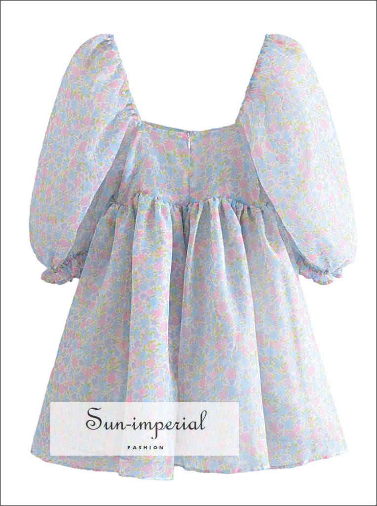 Women Light Blue Floral Print Puff Sleeve Square Neckline A-line Pleated Organza Mini Dress preppy, Preppy Style Clothes Sun-Imperial United