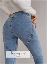 Women Light Blue High-rise Stretchy Ankle-cut Skinny Jeans with Heart Shaped back Stitches detail SUN-IMPERIAL United States