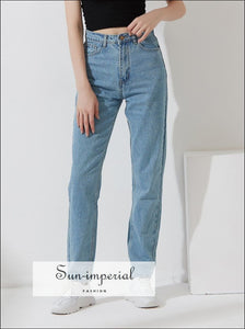 Women Light Blue High Waist Mom Jeans Pants Long Denim Trousers Basic style, casual harajuku street vintage style SUN-IMPERIAL United States
