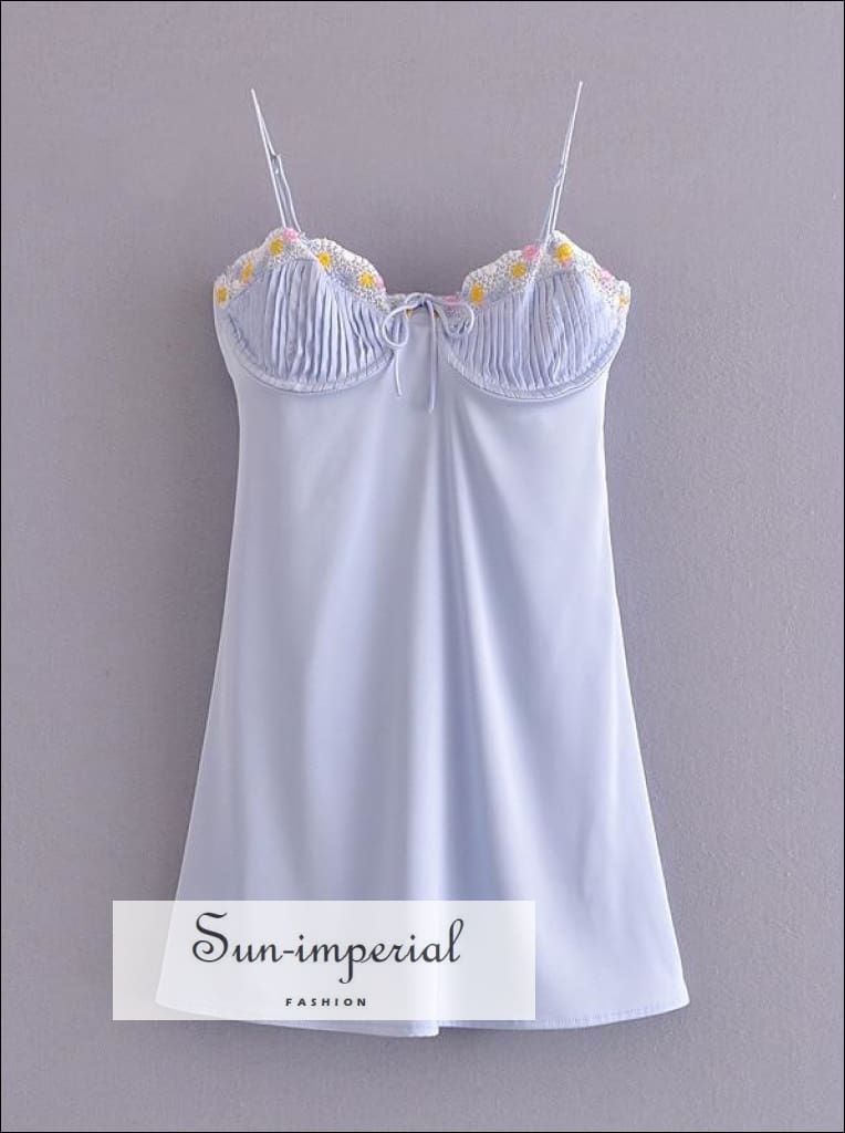 Women Light Blue Satin Bustier Cami Strap A-line Backless Mini Dress With Embroidered Detail Beach Style Print, best seller, bohemian style,