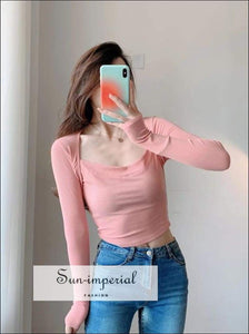 Women Light Gray Square Neck Ribbed Long Sleeve top Basic style, casual chick sexy harajuku PUNK STYLE SUN-IMPERIAL United States