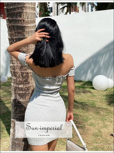 Women Light Grey Bodycon off Shoulder Ribbed Mini Dress with Lettuce Trimming and Buttons detail Basic style, casual harajuku sporty street 