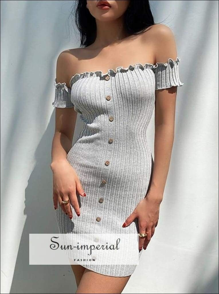 Sun-Imperial - Women Light Grey Bodycon Off Shoulder Ribbed Mini Dress with Lettuce Trimming and Violet / M Sun-Imperial - Women Light Grey Bodycon Off Shoulder Ribbed Mini Dress with Lettuce Trimming and Violet / M