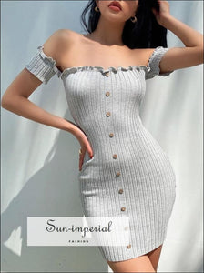 Women Light Grey Bodycon off Shoulder Ribbed Mini Dress with Lettuce Trimming and Buttons detail Basic style, casual harajuku sporty street 