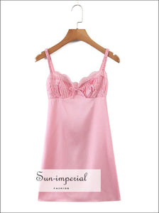 Sun-Imperial - Women Light Pink Satin Bustier Cami Strap A-Line Backless Mini Dress with Embroidered Pink / M Sun-Imperial - Women Light Pink Satin Bustier Cami Strap A-Line Backless Mini Dress with Embroidered Pink / M