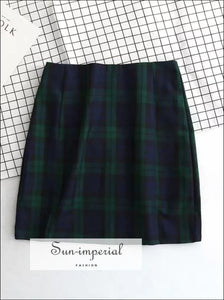 Women Lightweight Navy Blue and Forest Greenplaid Print Mini Skirt with Two Small front Slits