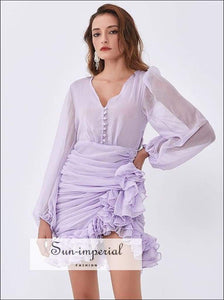 Women Lilac Light Purple Mini Dress with Sheer Bishop Long Sleeve and Ruched Asymmetrical Ruffle elegant style, event outfit women, party 