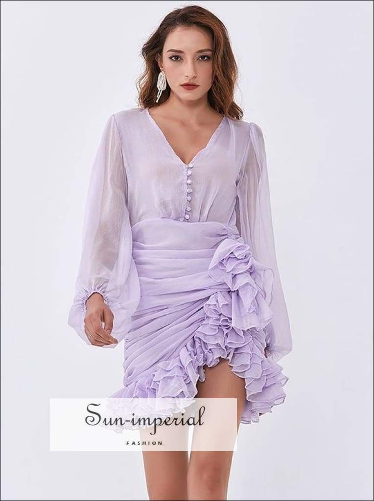 Sun-imperial - women lilac light purple mini dress with sheer bishop long sleeve and ruched green / M Sun-imperial - women lilac light purple mini dress with sheer bishop long sleeve and ruched green / M