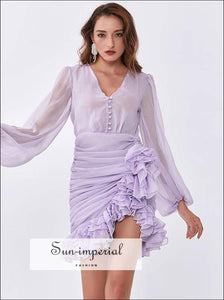 Women Lilac Light Purple Mini Dress with Sheer Bishop Long Sleeve and Ruched Asymmetrical Ruffle elegant style, event outfit women, party 