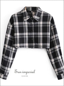 Women Long Sleeve Cropped Buttoned Plaid top Black Gray White Check Collar Blouse casual style, style women blouse, harajuku Preppy Style 