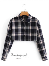 Women Long Sleeve Cropped Buttoned Plaid top Black Gray White Check Collar Blouse casual style, style women blouse, harajuku Preppy Style 