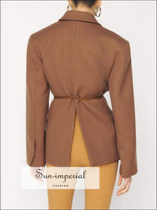 Women Long Sleeve Solid Brown Casual Notched Blazer Coat with Gold Belt and front Pocket Shirred elegant style, harajuku Unique vintage 