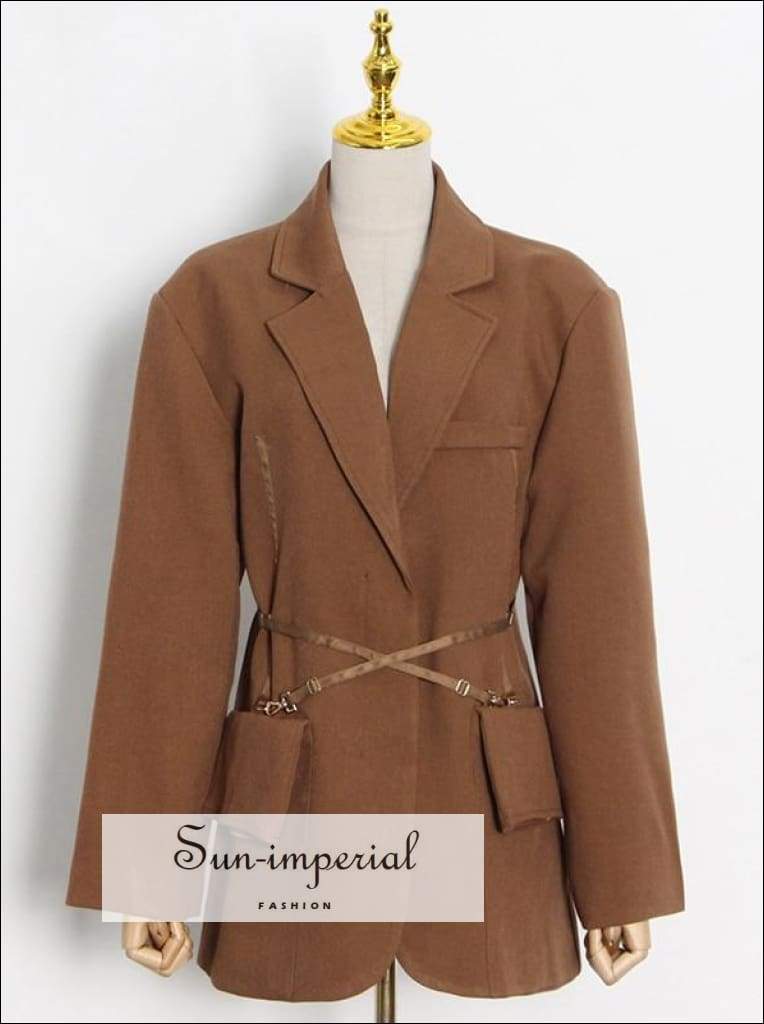 Women Long Sleeve Solid Brown Casual Notched Blazer Coat with Gold Belt and front Pocket Shirred elegant style, harajuku Unique vintage 