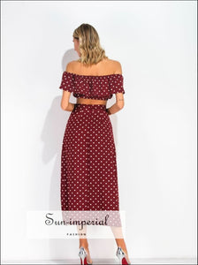 Sun-Imperial Women Maxi Skirt Set - off Shoulder Red Vintage Polka Dot Print Chiffon Ruffle Crop top Blouse +