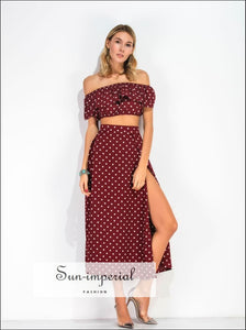 Sun-Imperial Women Maxi Skirt Set - off Shoulder Red Vintage Polka Dot Print Chiffon Ruffle Crop top Blouse +