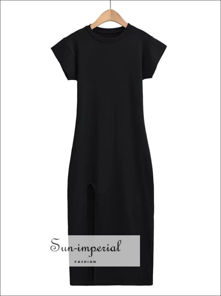 Women Dark Gray Viscose Short Sleeve Maxi T-shirt Dress With High Thigh Split Basic style, casual harajuku sporty Sun-Imperial United States