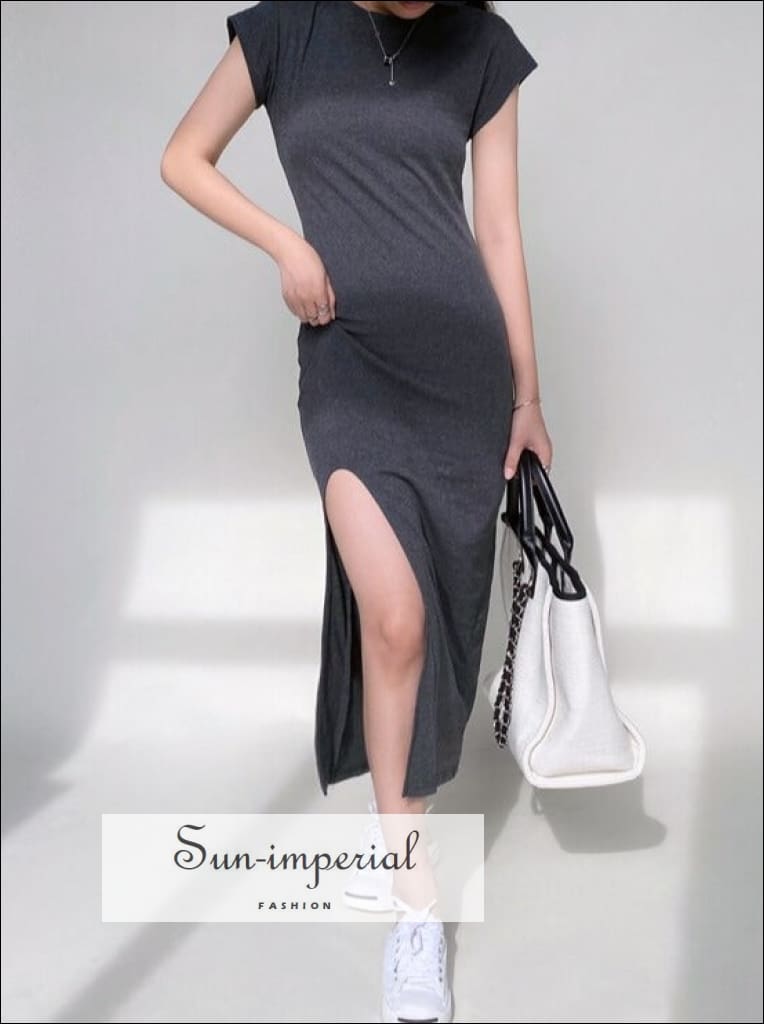 Sun-imperial - women dark gray viscose short sleeve maxi t-shirt dress with high thigh split Khaki / M Sun-imperial - women dark gray viscose short sleeve maxi t-shirt dress with high thigh split Khaki / M