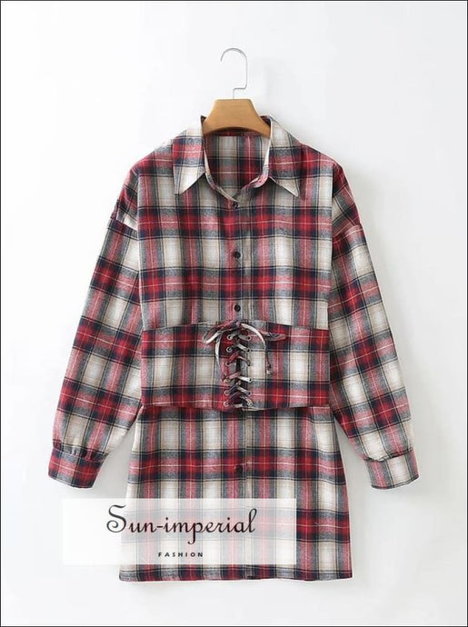 Women Mini Blue Plaid Check Buttoned Long Sleeve Shirt Dress with Corset Style Belted Waist corset style, harajuku PLAID SHIRT DRESS, Preppy